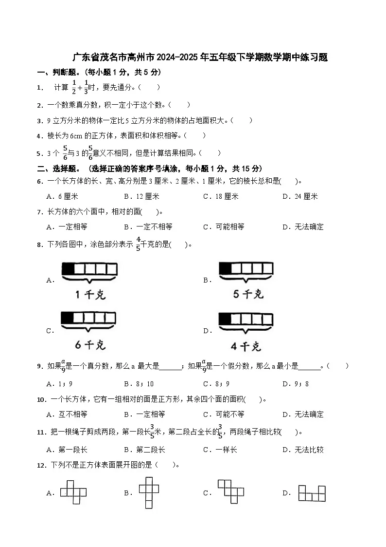 广东省茂名市高州市2024-2025年五年级下学期数学期中练习题第1页