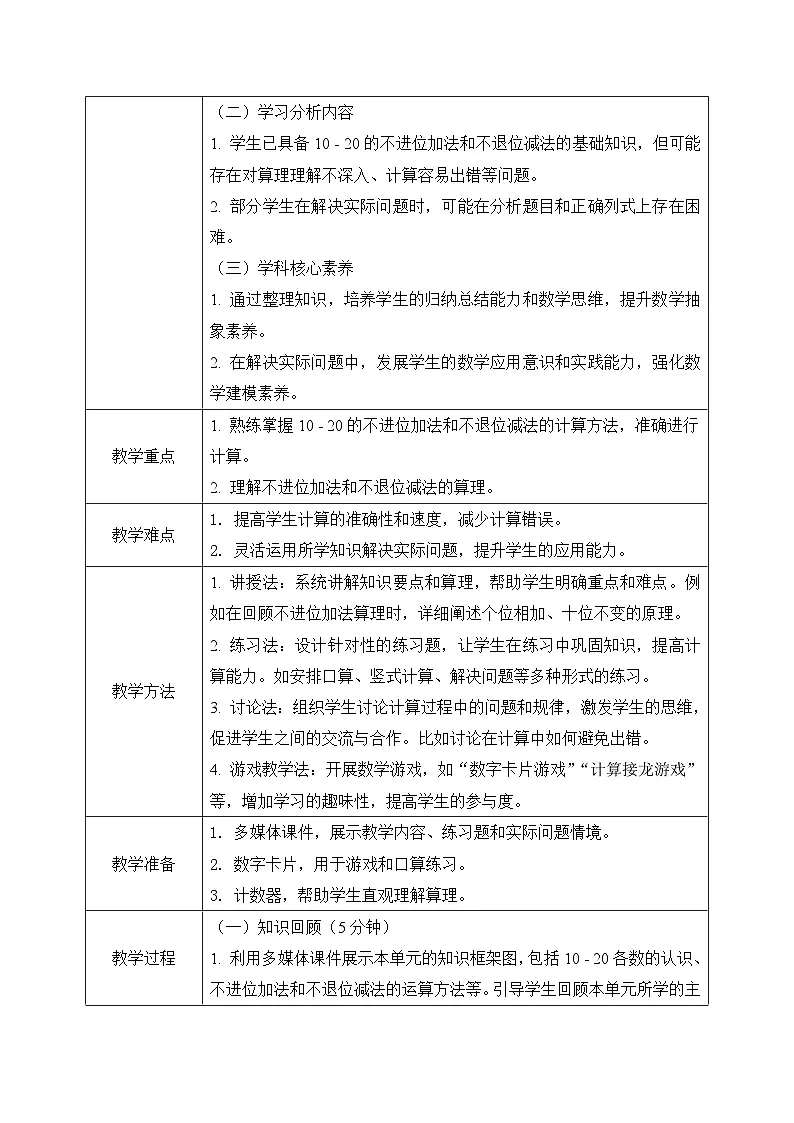 西师大版一年级上册数学第四单元《不进位的加法和不退位的减法-整理与复习》教案第2页