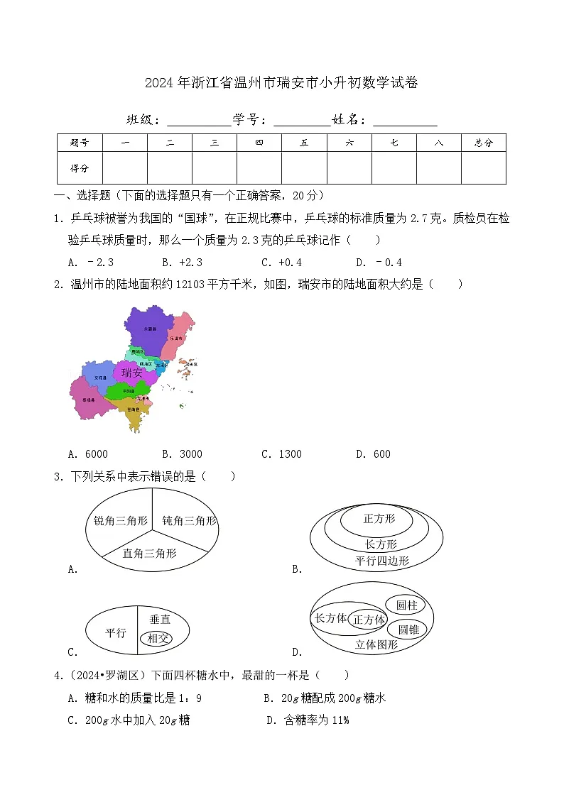 2024年浙江省温州市瑞安市小升初数学试卷及答案第1页