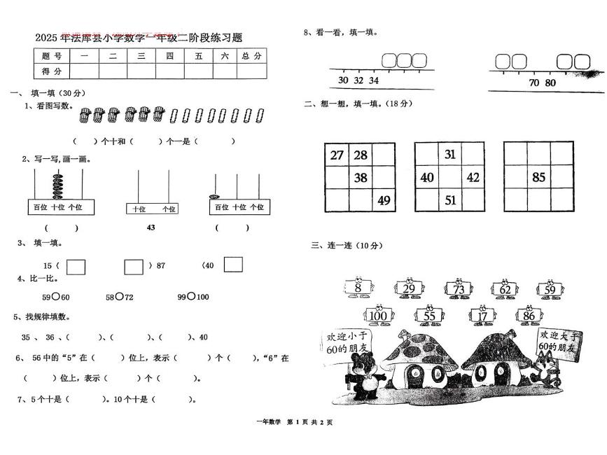 辽宁省沈阳市法库县2024-2025学年一年级下学期4月月考数学试题
