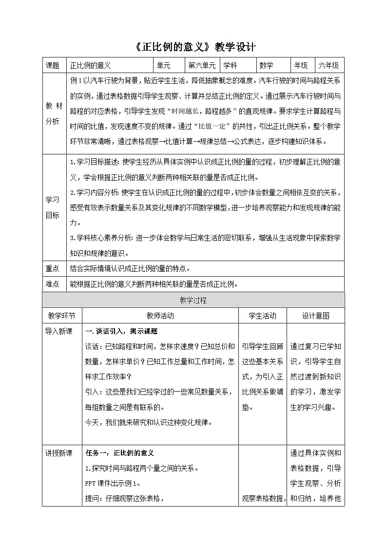 苏教版六下6.1《正比例的意义》(教案)第1页