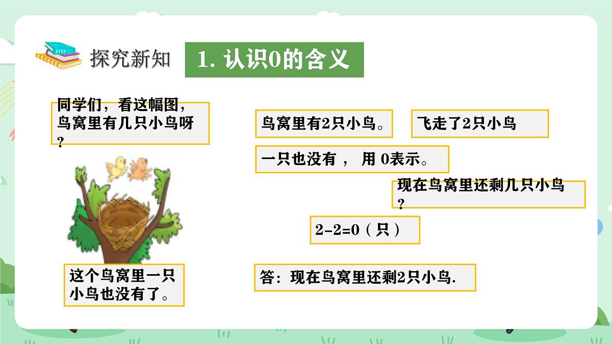 冀教版一年级上册数学第一单元3.1《0的认识和加减-鸟窝里还有几只小鸟?》课件第7页