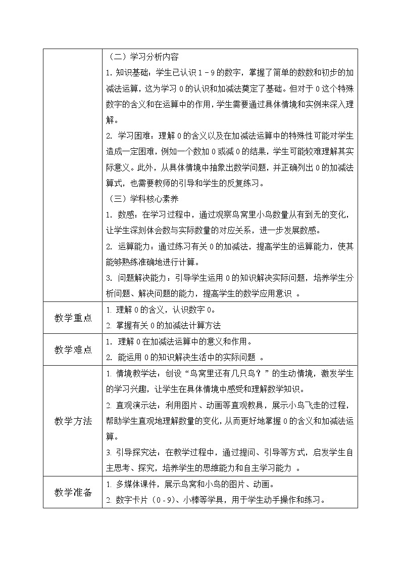 冀教版一年级上册数学第一单元3.1《0的认识和加减-鸟窝里还有几只小鸟?》教学设计第2页