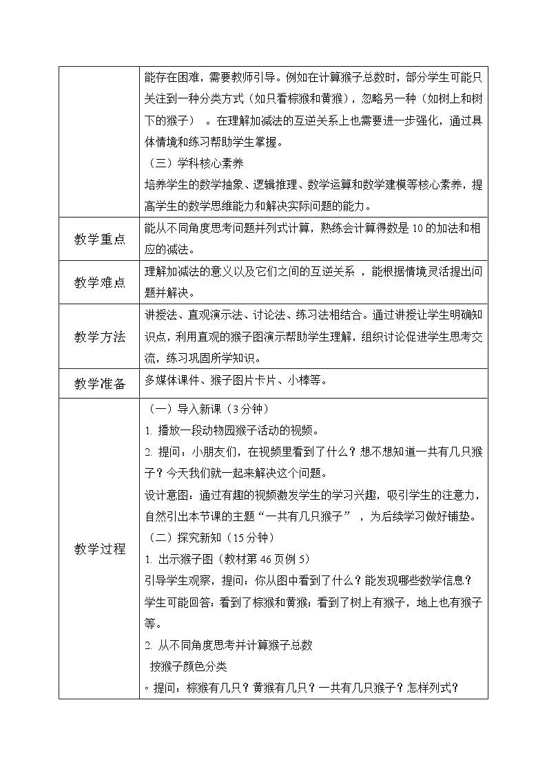冀教版一年级上册数学第一单元4.3《10的认识和加减-一共有几只猴子?》教学设计第2页