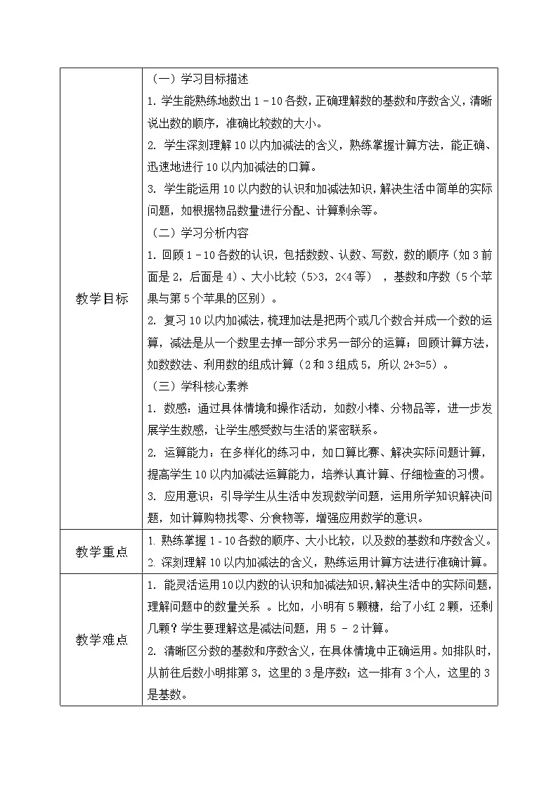 冀教版一年级上册数学第一单元《整理与复习》教学设计第2页