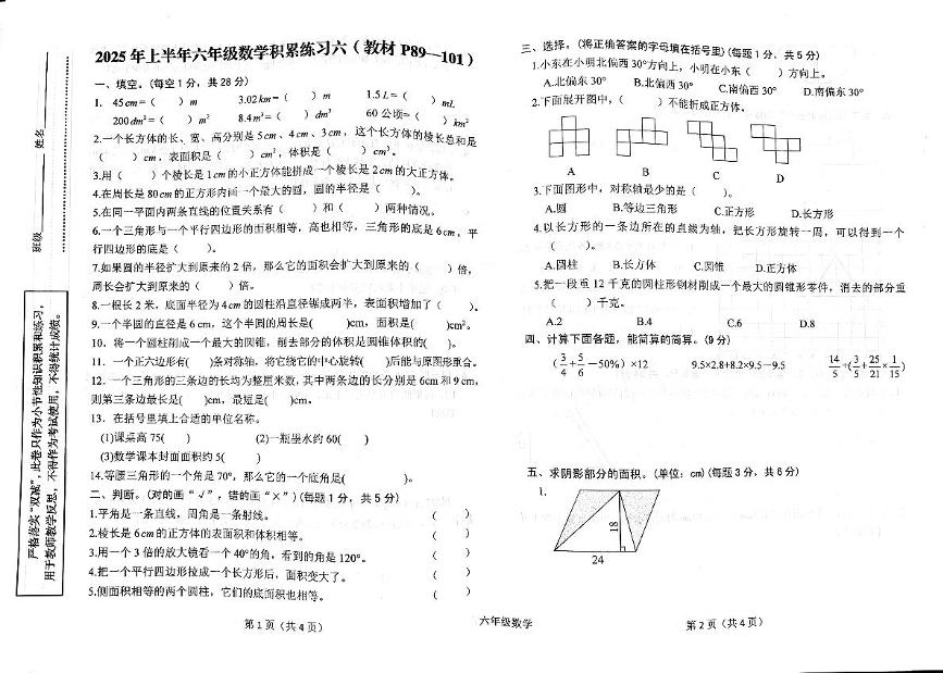 陕西省汉中市西乡县2024-2025学年六年级下学期6月月考数学试题