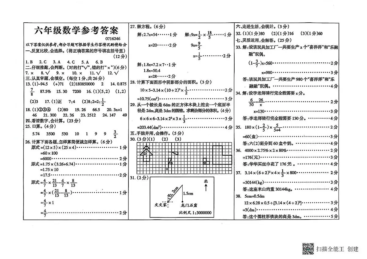 河南省周口市川汇区2024-2025学年六年级下学期6月期末-数学(含答案) 数学答案第1页