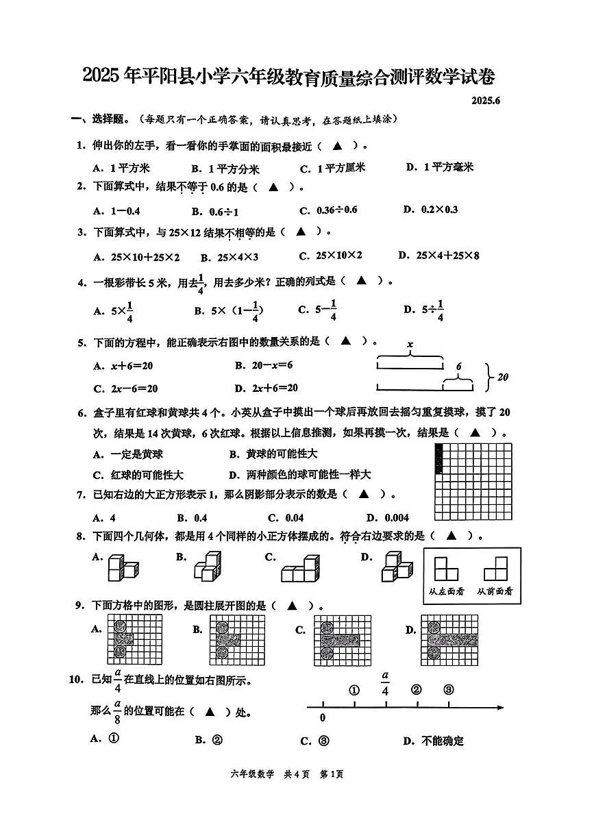 浙江省温州市平阳县2024-2025学年六年级下学期期末数学试题第1页