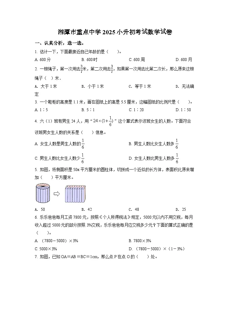 湘潭市重点中学2025北师大版小升初考试数学试卷(二)(原卷版)第1页