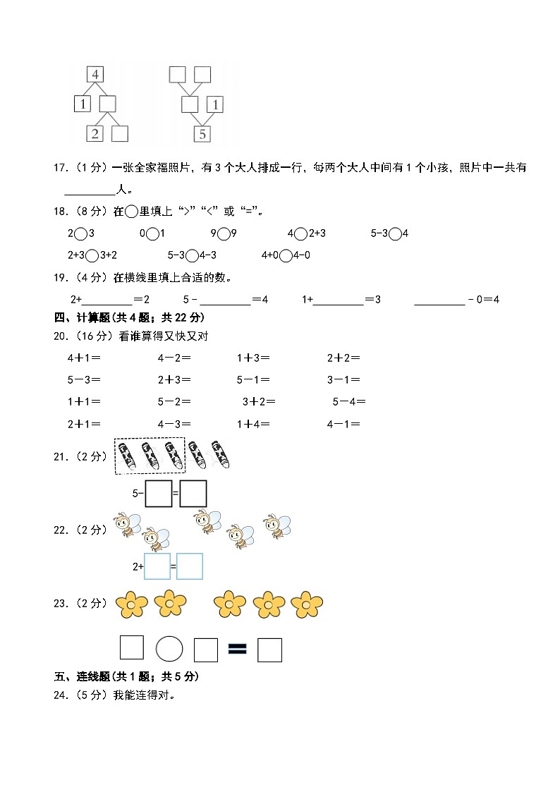 一年級數(shù)學(xué)上冊 第一單元 5以內(nèi)數(shù)的認(rèn)識和加、減法 單元測試題 人教版（2024）第3頁