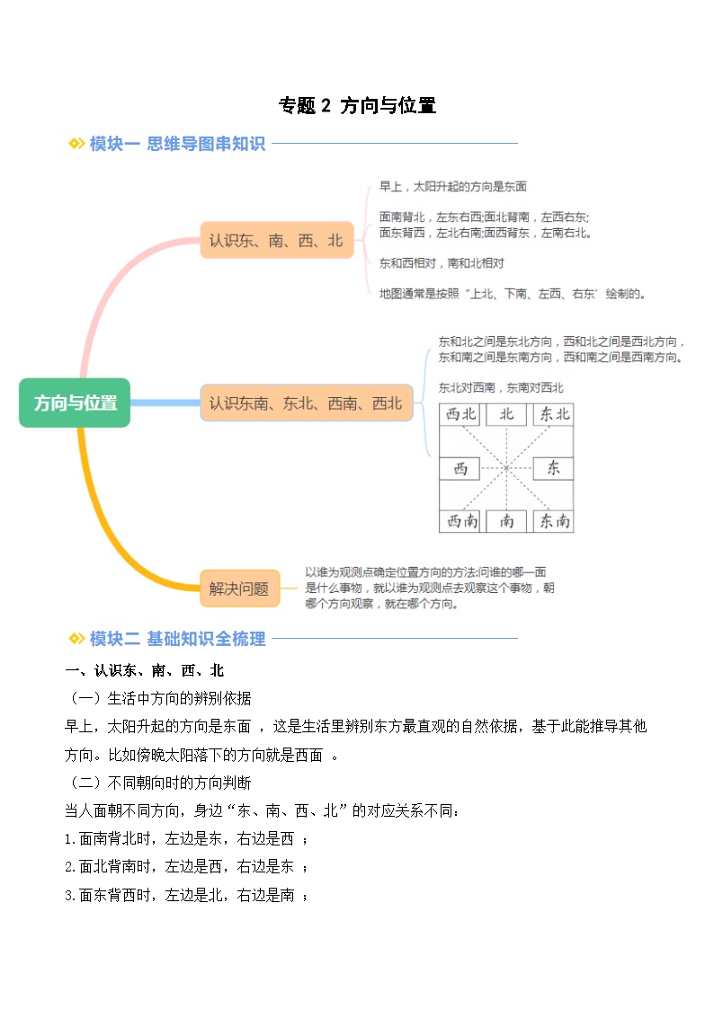 专题2 方向与位置-【教师版+学生版】2025年二年级（二升三）暑假讲义（北师大版）