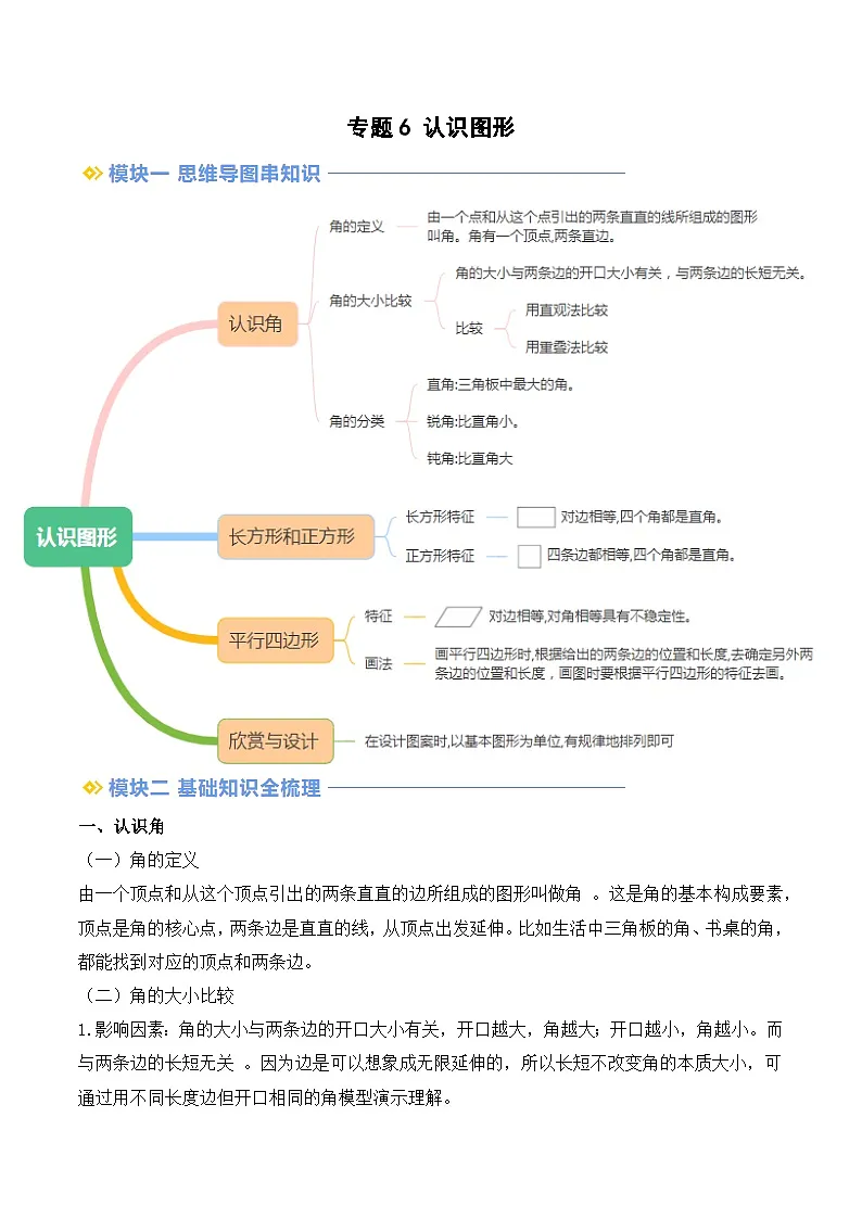 专题6 认识图形-【学生版】2025年二年级(二升三)暑假讲义(北师大版)第1页
