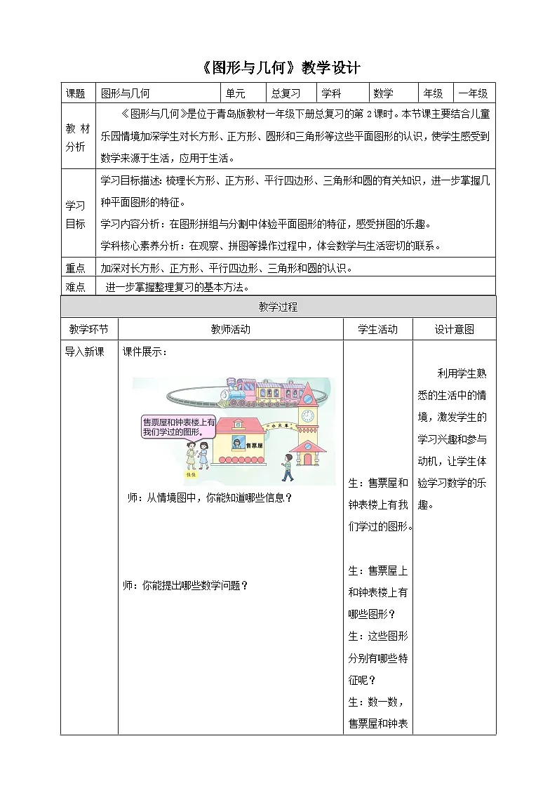青岛版新版一下《儿童乐园(总复习)——图形与几何》(教案)第1页