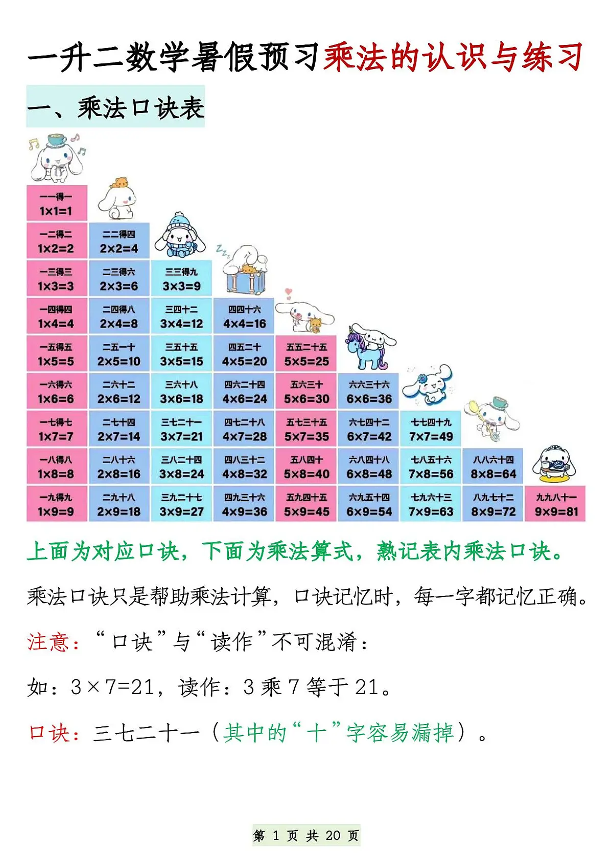 一升二数学暑假预习乘法的认识与练习含答案第1页