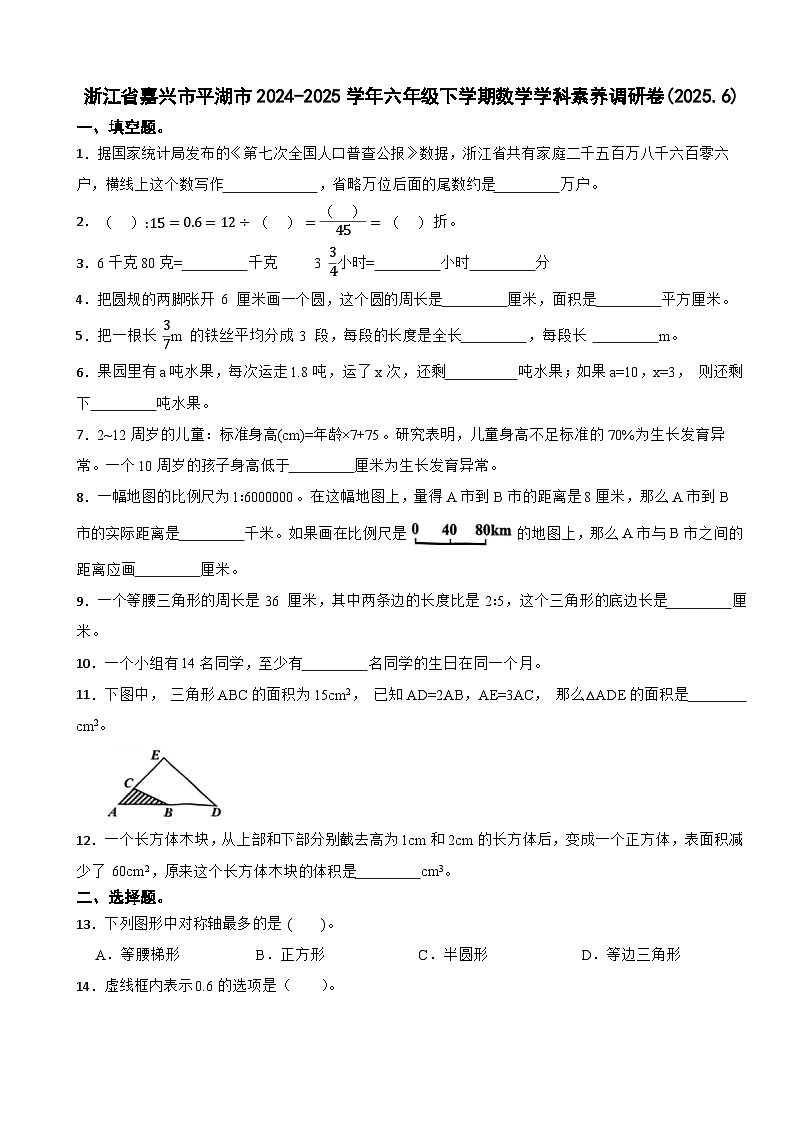 浙江省嘉兴市平湖市2024-2025学年六年级下学期数学学科素养调研卷(2025.6)第1页