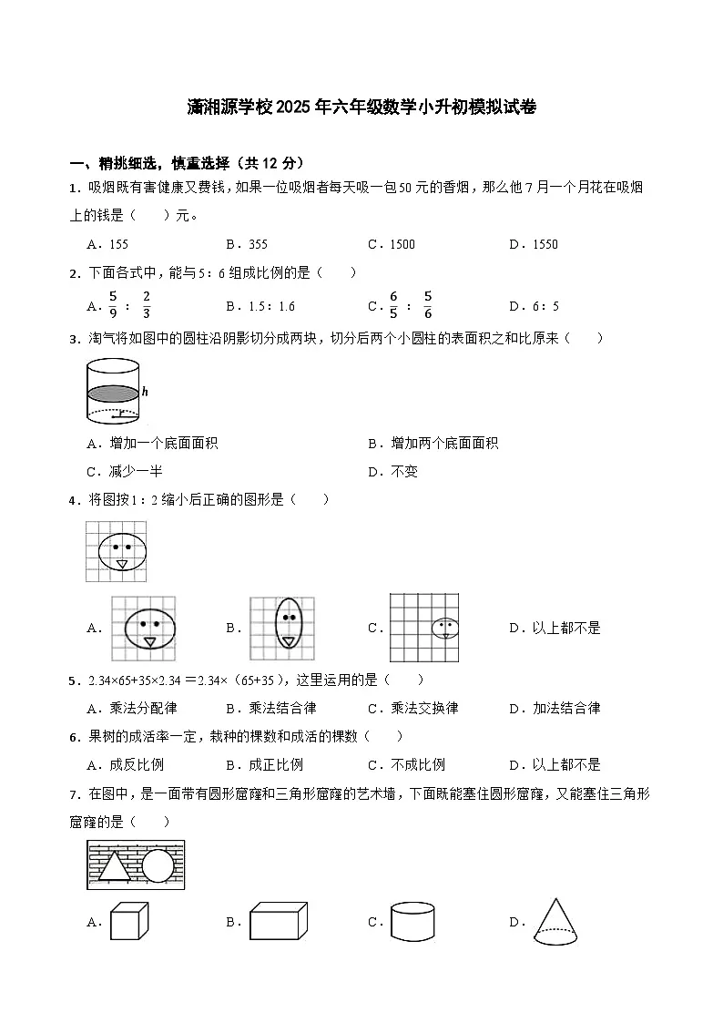 潇湘源学校2025年六年级数学小升初模拟试卷(五)(学生版)第1页