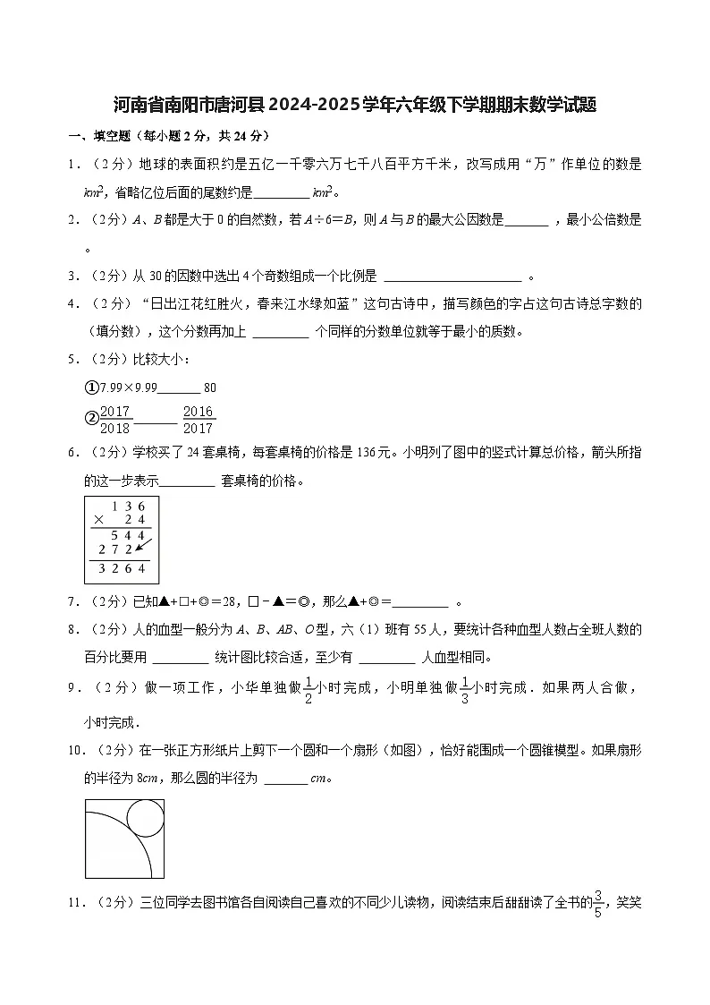 河南省南阳市唐河县2024-2025学年六年级下学期期末数学试题第1页