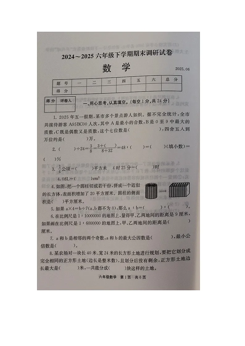河南省新乡市封丘县2024-2025学年下学期六年级数学期末试卷(含答案)第1页