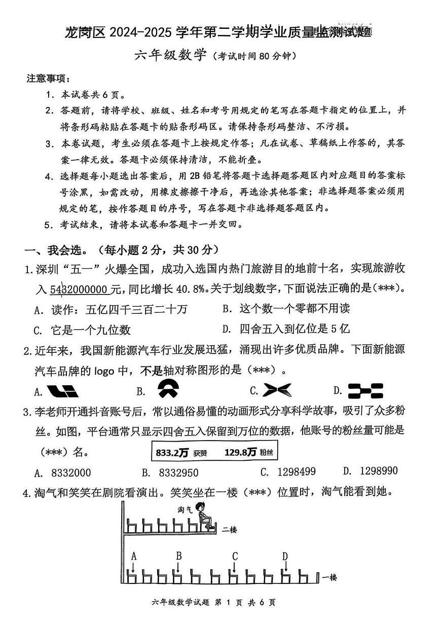 广东省深圳市龙岗区2024-2025学年第二学期六年级数学期末试卷(无答案)第1页