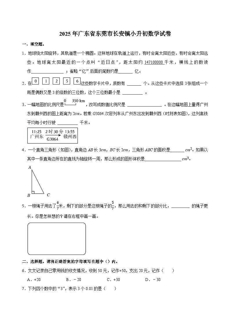2025年广东省东莞市长安镇小升初数学试卷第1页