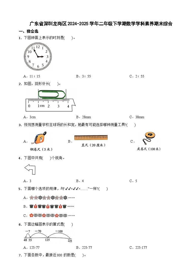 广东省深圳龙岗区2024-2025学年二年级下学期数学学科素养期末综合试题第1页