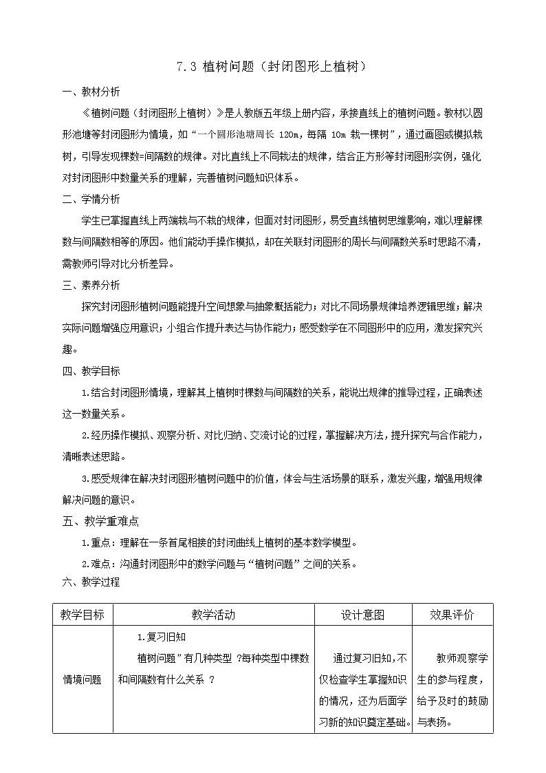【任务型备课】人教版五年级上册-7.3 植树问题(封闭图形上植树)(教案)第1页