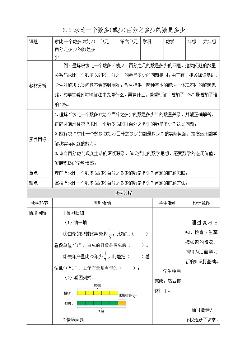 【任务型备课】人教版六年级上册-6.5 求比一个数多(或少)百分之多少的数(教案)第1页