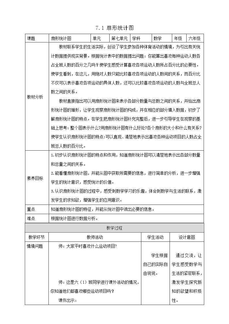 【任务型备课】人教版六年级上册-7.1 扇形统计图(教案)第1页