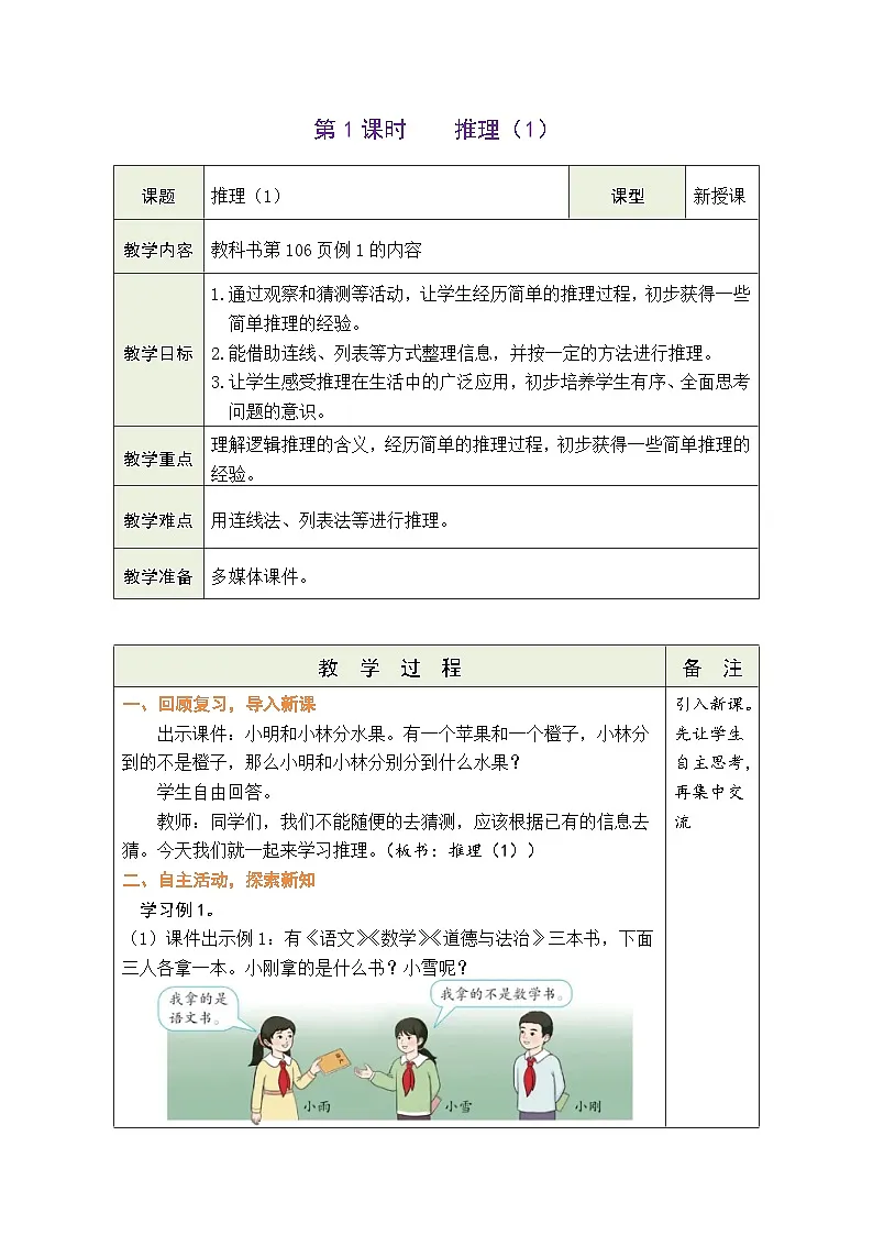 【单元整体教学】人教版二年级数学下册 第9单元 数学广角——推理表格式教案第3页