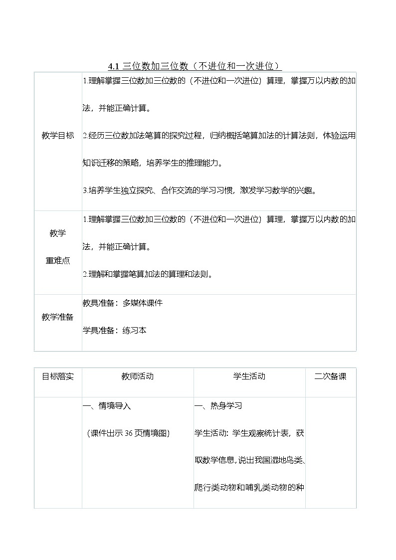 (大单元整体教学)4.1三位数加三位数(不进位和一次进位)(表格式)教学设计 人教版 三年级上册数学第1页