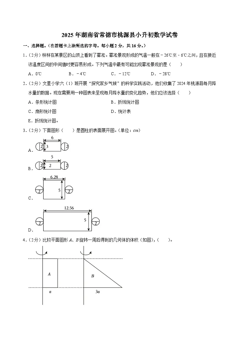 2025年湖南省常德市桃源县小升初数学试卷第1页