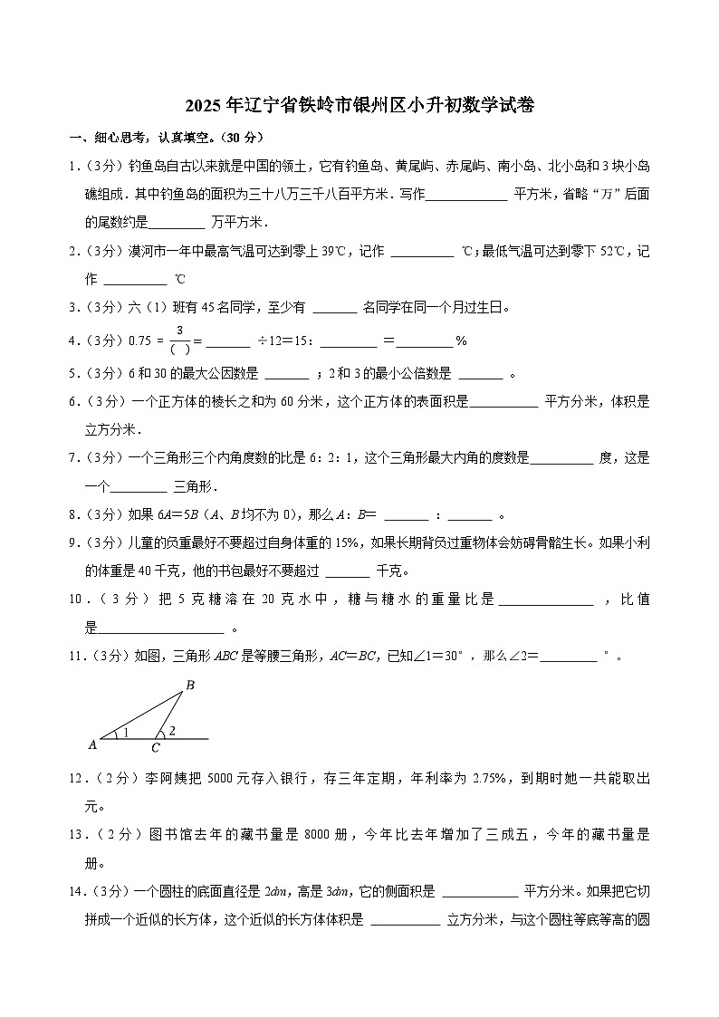 2025年辽宁省铁岭市银州区小升初数学试卷第1页