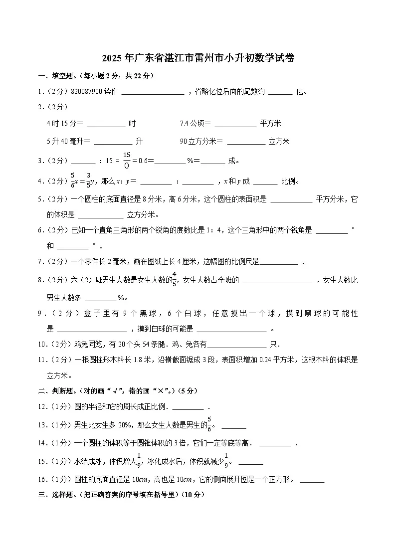 2025年广东省湛江市雷州市小升初数学试卷第1页