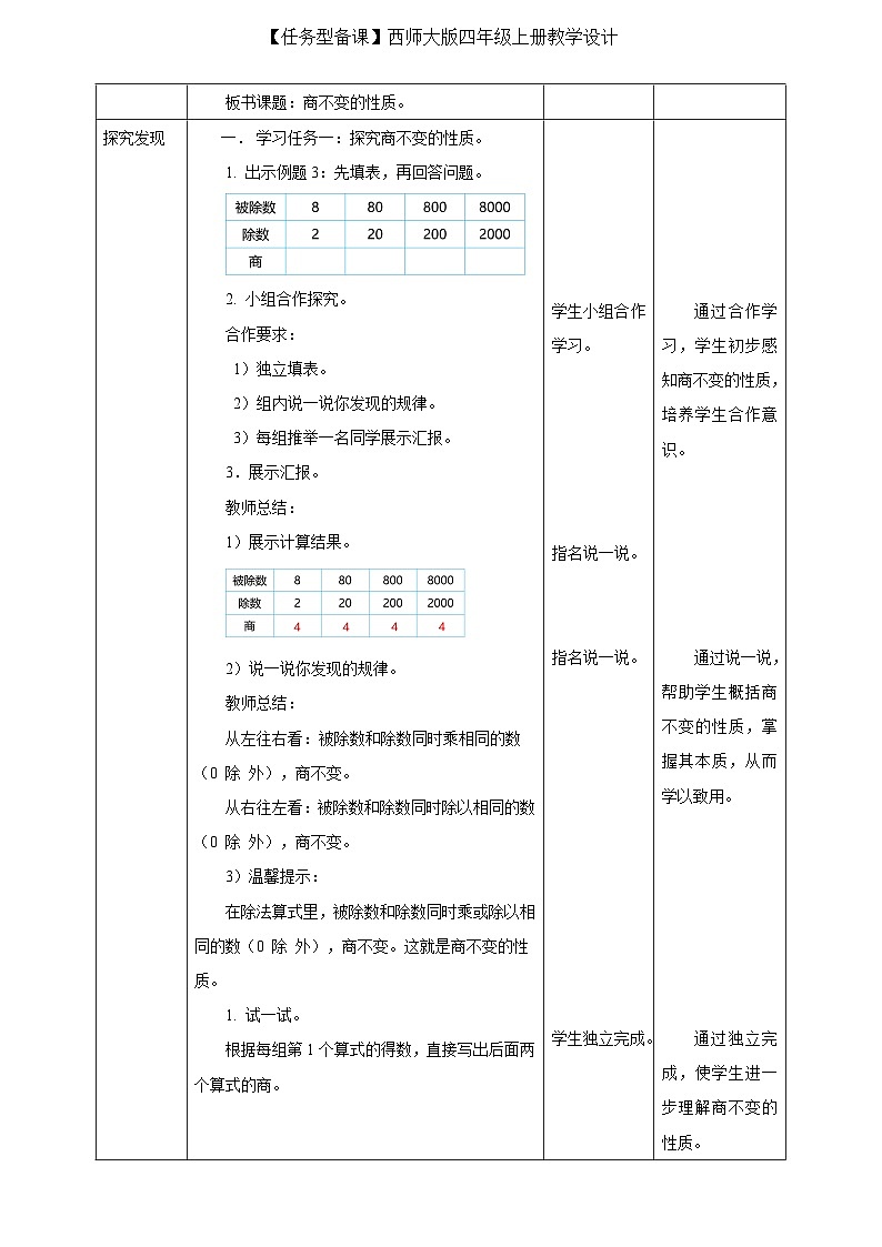 【任务型备课】西师大版四年级上册-7.7 商不变的性质(教案)第2页