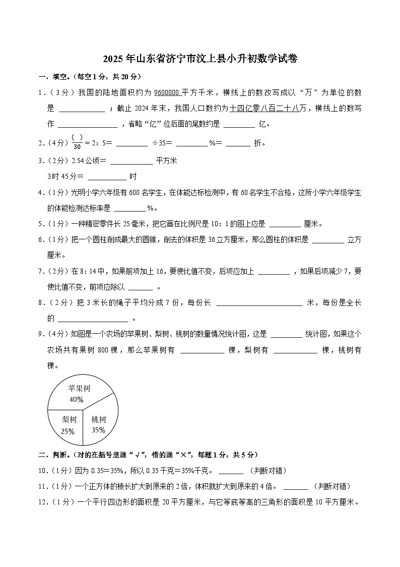 2025年山东省济宁市汶上县小升初数学试卷第1页