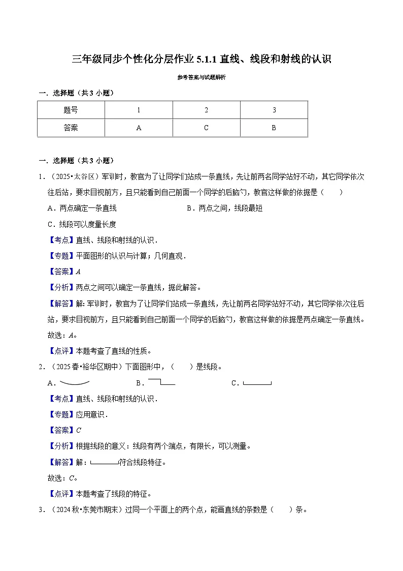 5.1.1直线、线段和射线的认识(培优)小学数学三年级上册 人教新版同步分层作业(含解析)第2页
