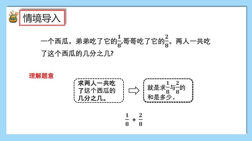 （2025新教材）人教版小學(xué)數(shù)學(xué)三年級上冊6.4《同分母分?jǐn)?shù)的加、減法》PPT課件第4頁