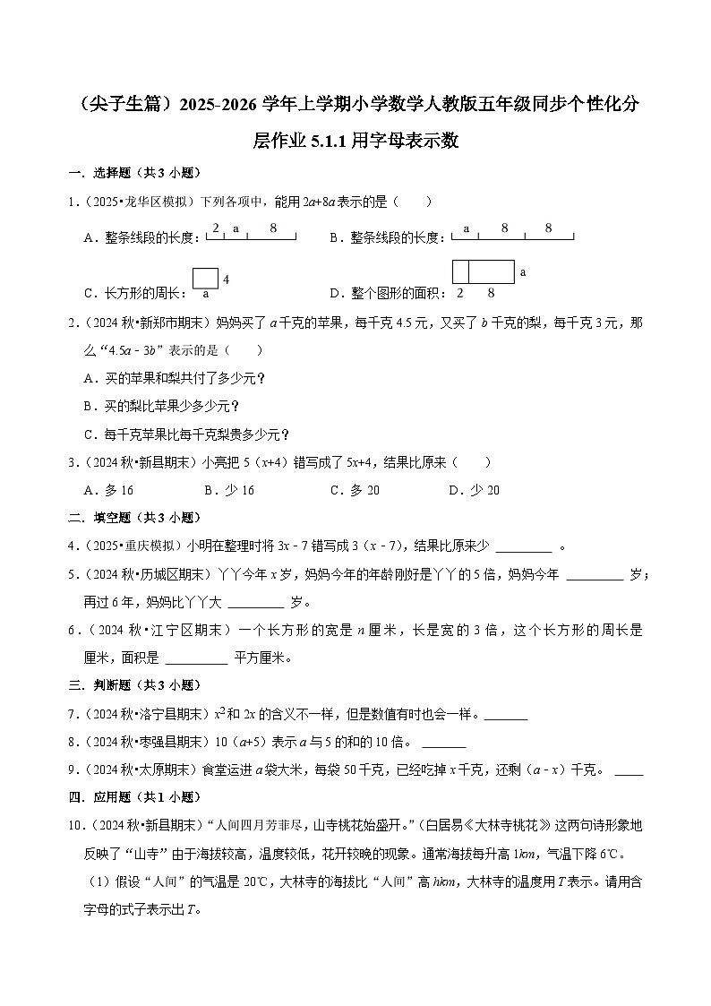 5.1.1用字母表示数(培优)小学数学五年级上册 人教新版同步分层作业(含解析)第1页