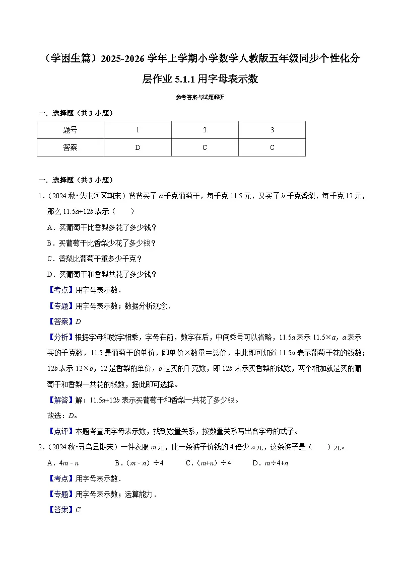 5.1.1用字母表示数(基础)小学数学五年级上册 人教新版同步分层作业(含解析)第3页