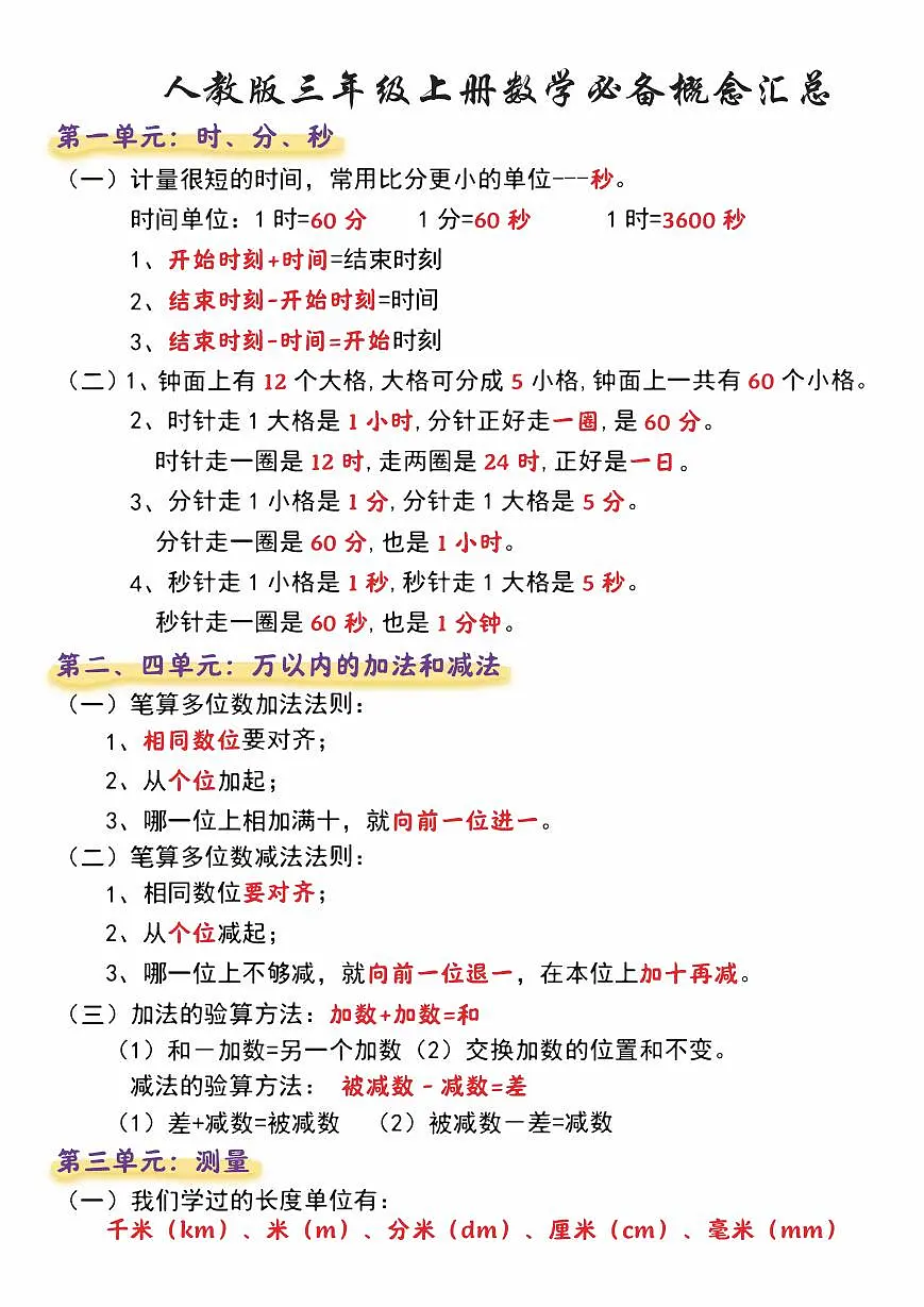 人教版三年级上册数学期末必备知识点概念汇总第1页