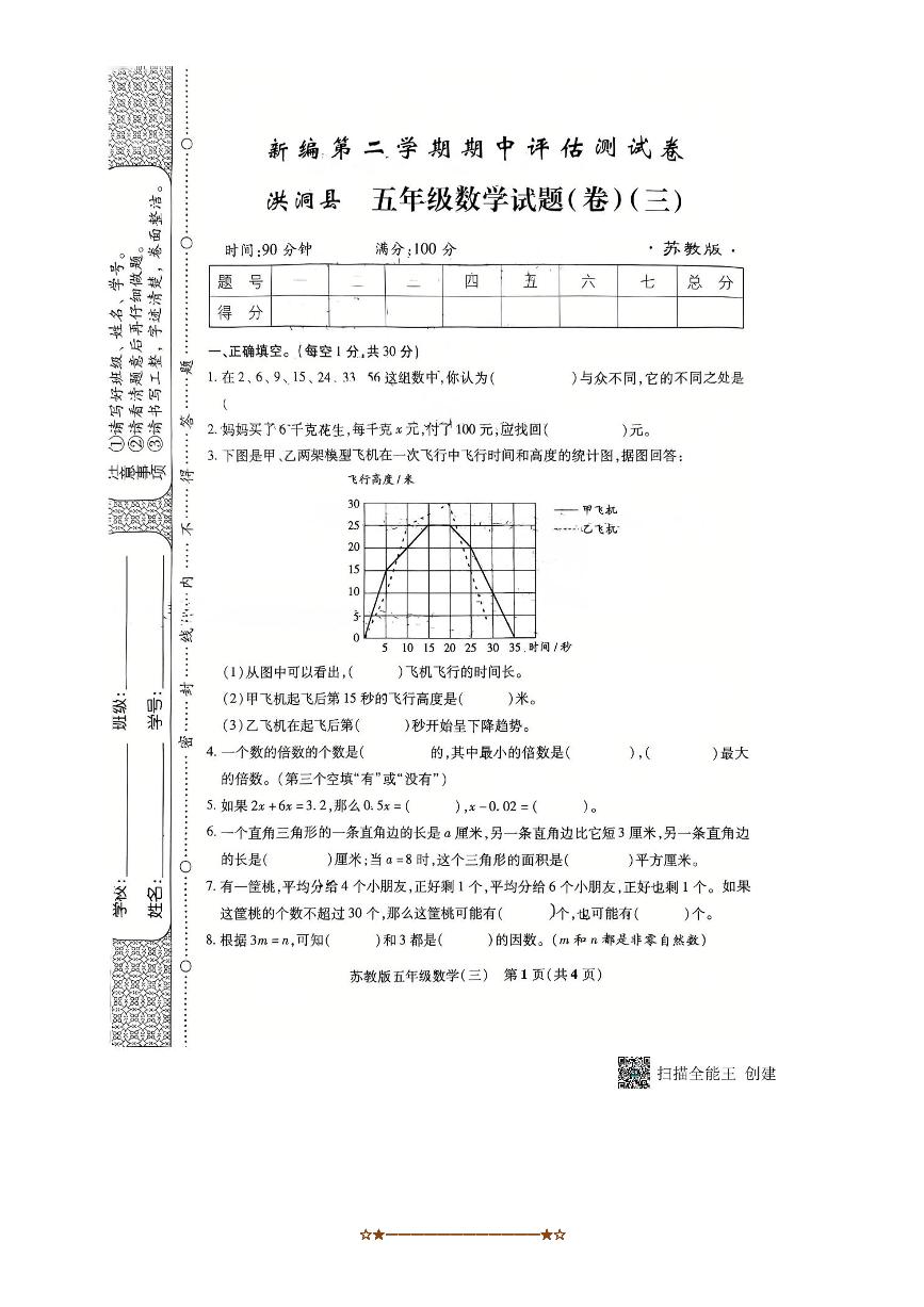 2024～2025学年山西省临汾市洪洞县五年级下期中数学试卷(无答案)