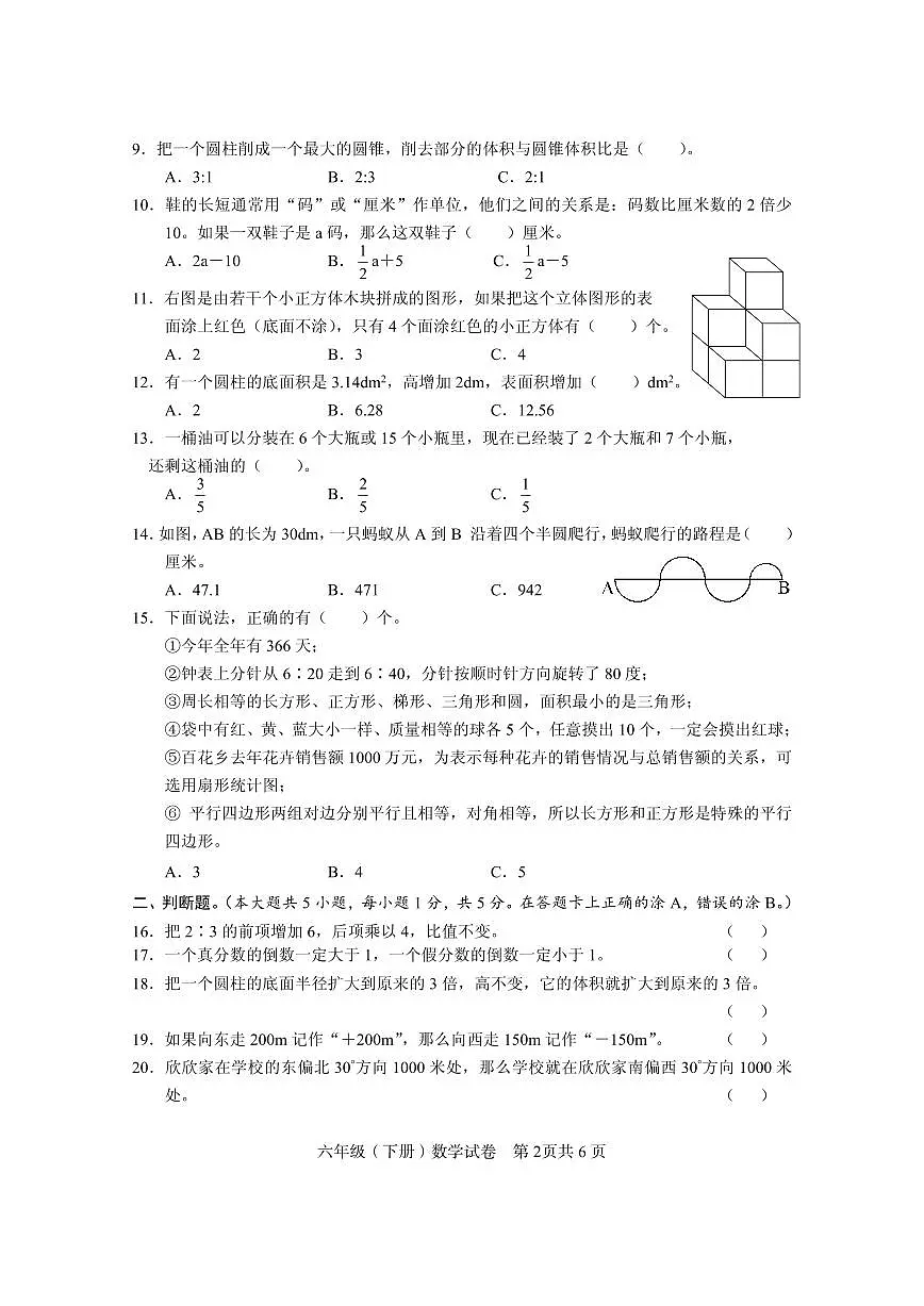 西南大学版眉山市仁寿县2025年春六年级毕业质量监测数学试题(无答案)第2页