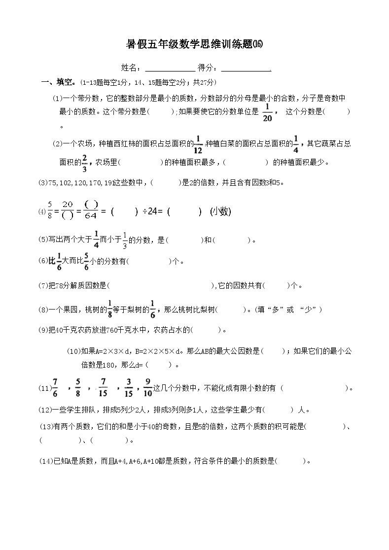 暑假五年级数学思维训练题⒃（无答案）