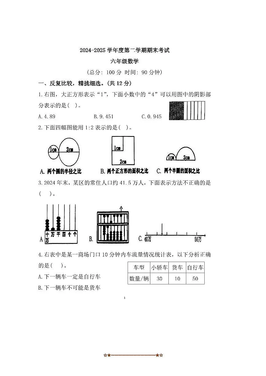 2024~2025学年安徽省蚌埠市蚌山区蚌埠第二实验小学六年级下期末数学试卷(含答案)第1页