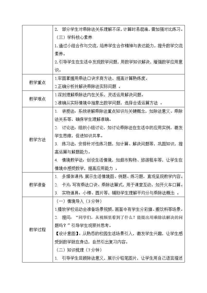 冀教版二年级上册数学第五单元(用乘法口诀求商)8《整理与复习》教学设计第2页