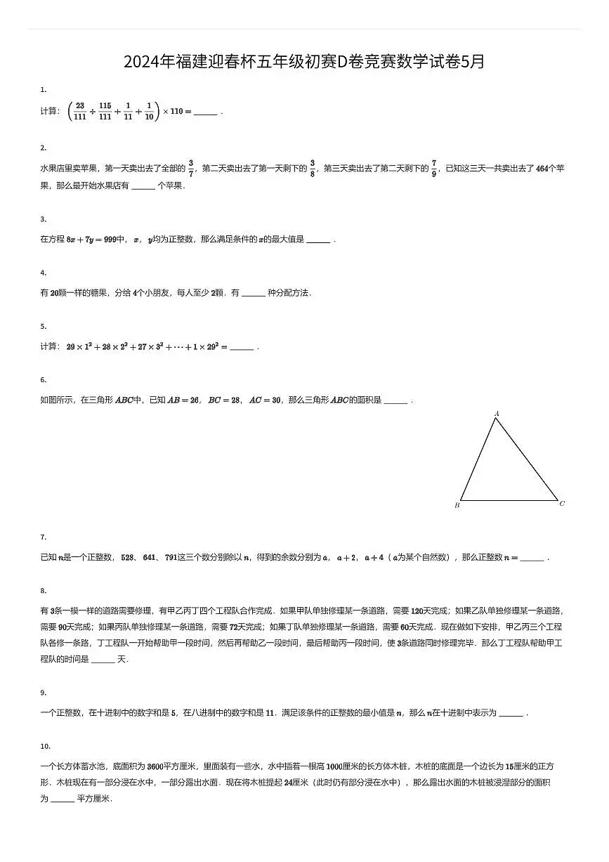 2024年福建迎春杯五年级初赛D卷竞赛数学试卷5月(有答案解析)第1页