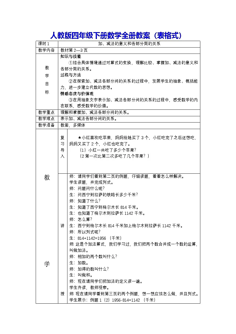 人教版四年级下册数学全册教案(表格式)第1页