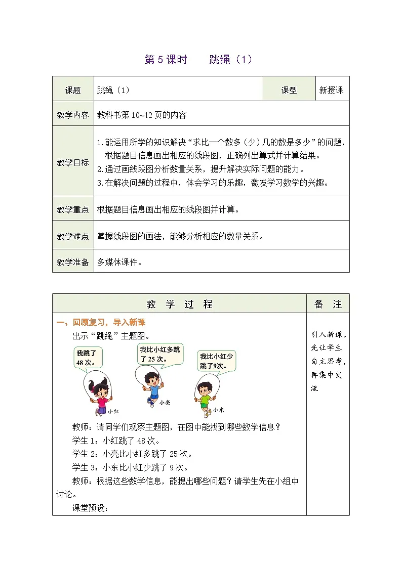 1.5 跳绳(1) (表格式教案) -2025-2026学年二年级上册数学北师大版(2024)第1页