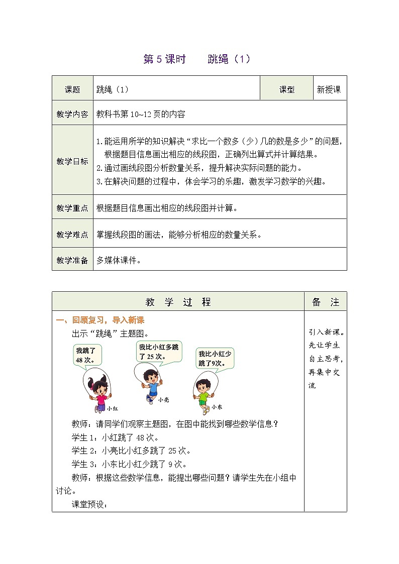 1.5 跳绳(1) (表格式教案) -2025-2026学年二年级上册数学北师大版(2024)第1页