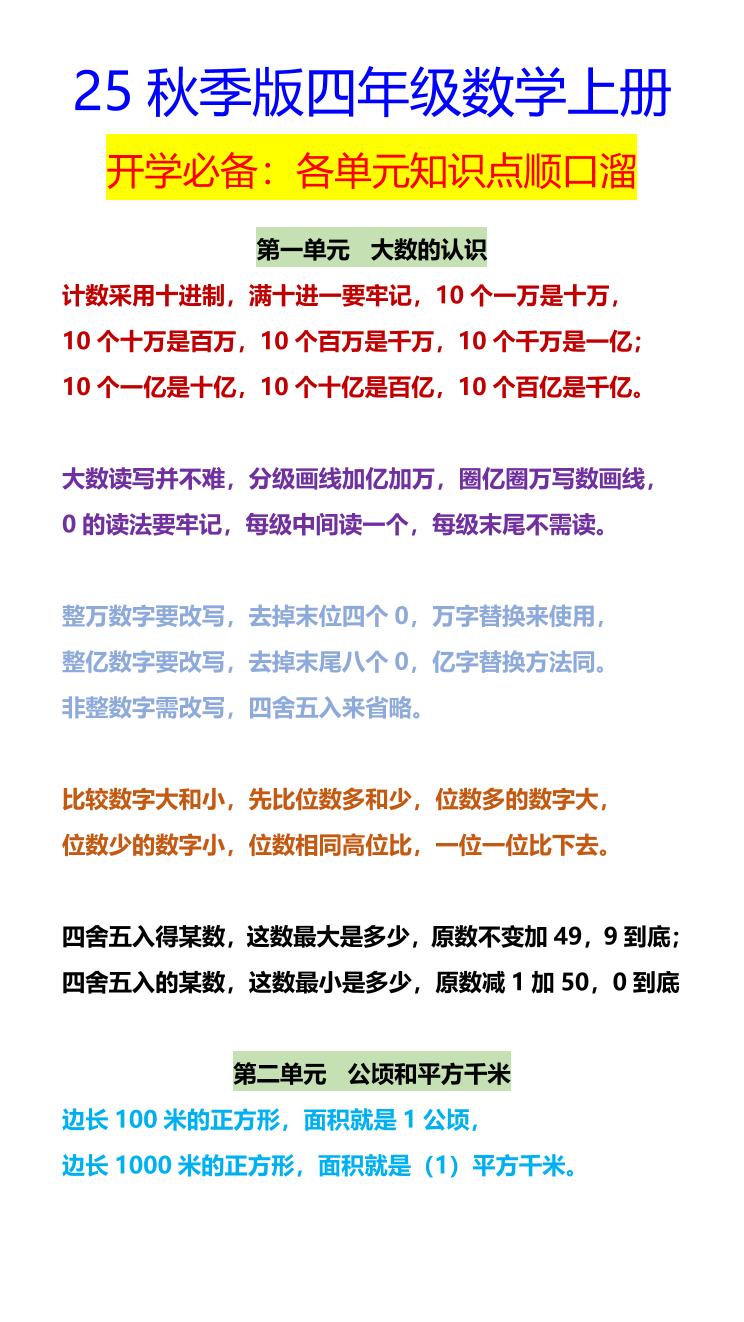 【2025秋新版人教版】四年级数学上册 开学必备：各单元知识点顺口溜